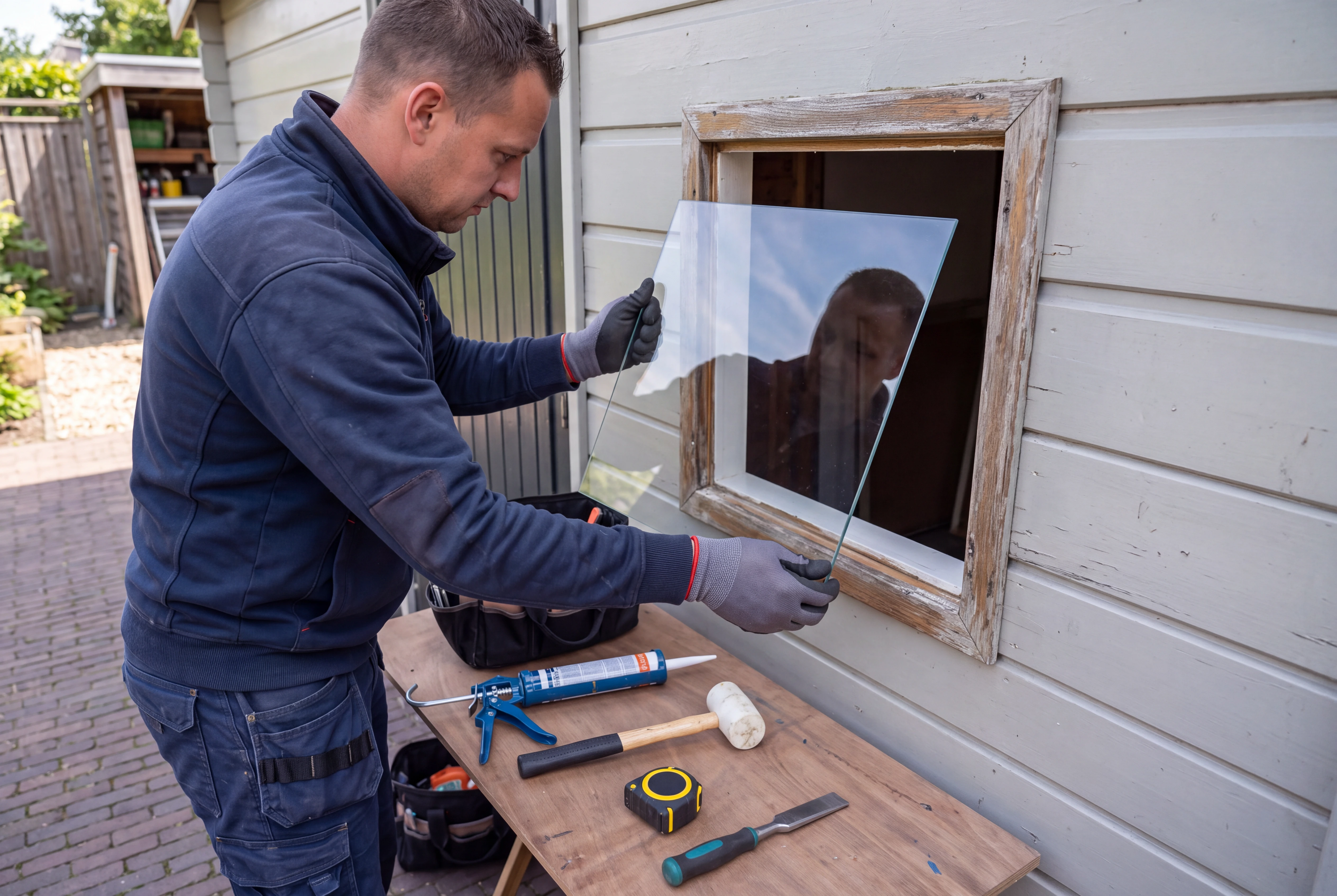 Enkel glas wordt geplaatst in een klein houten kozijn
