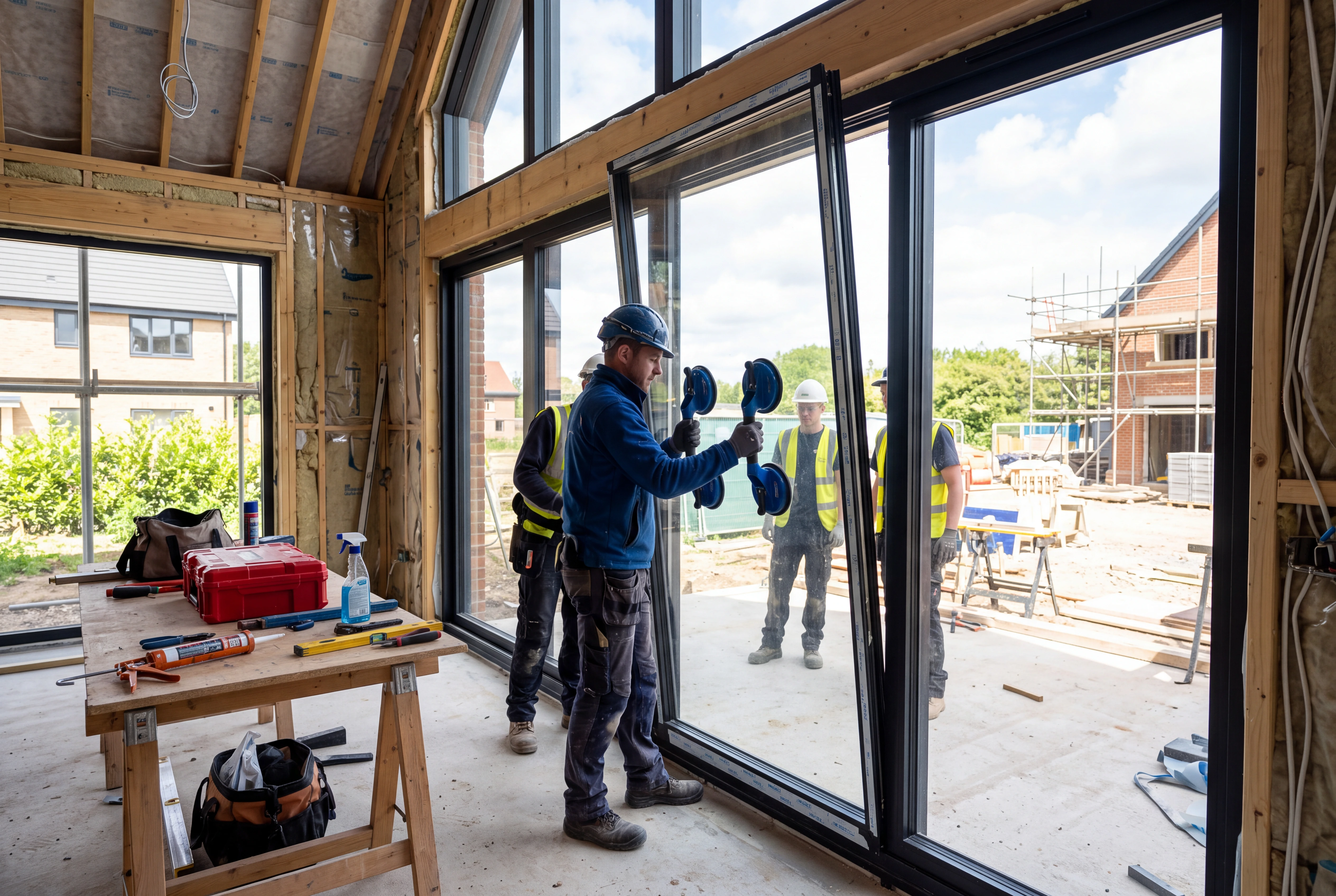 Groot glas wordt geplaatst in een nieuwbouwwoning