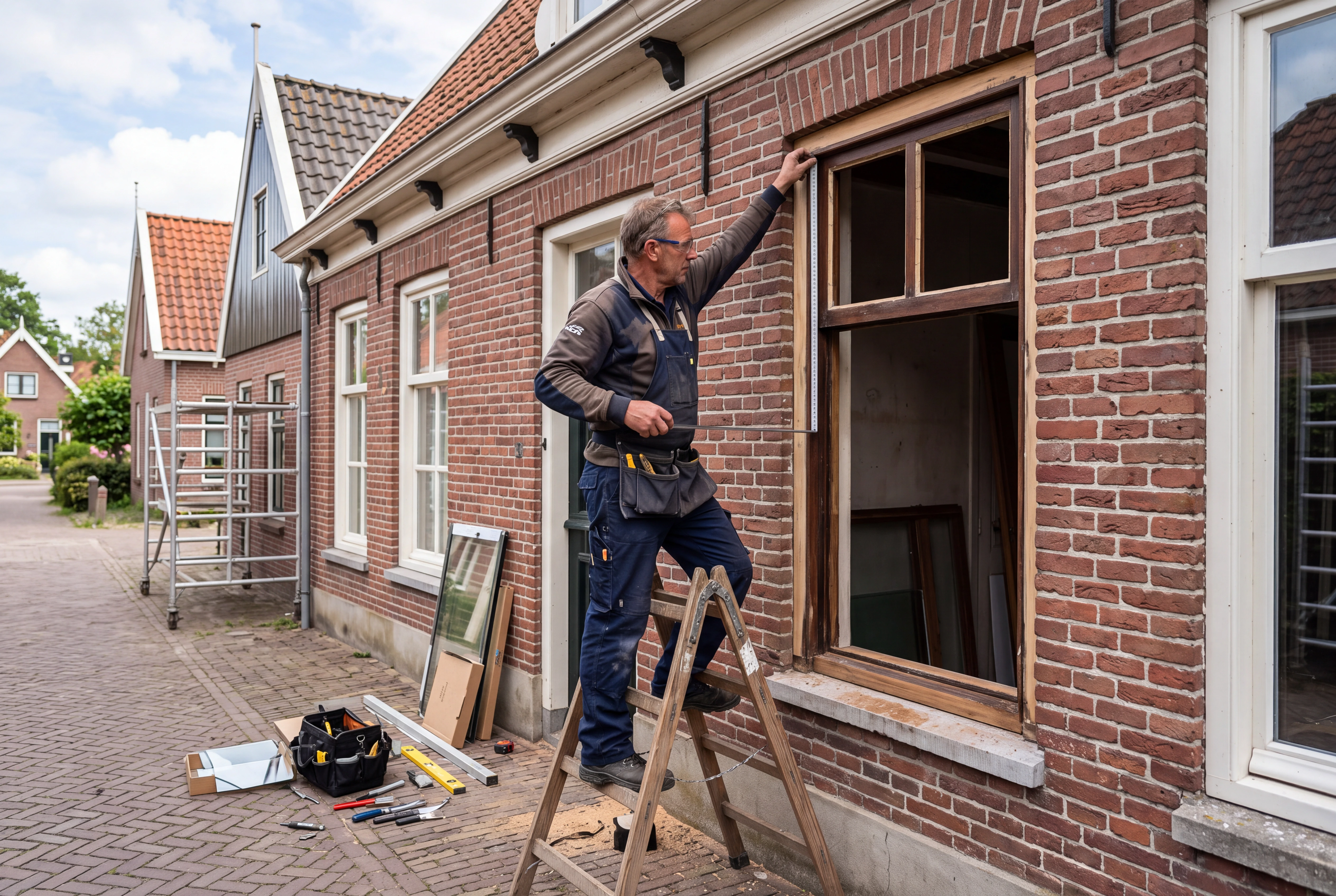 Glaszetter meet een oud kozijn in bij renovatie