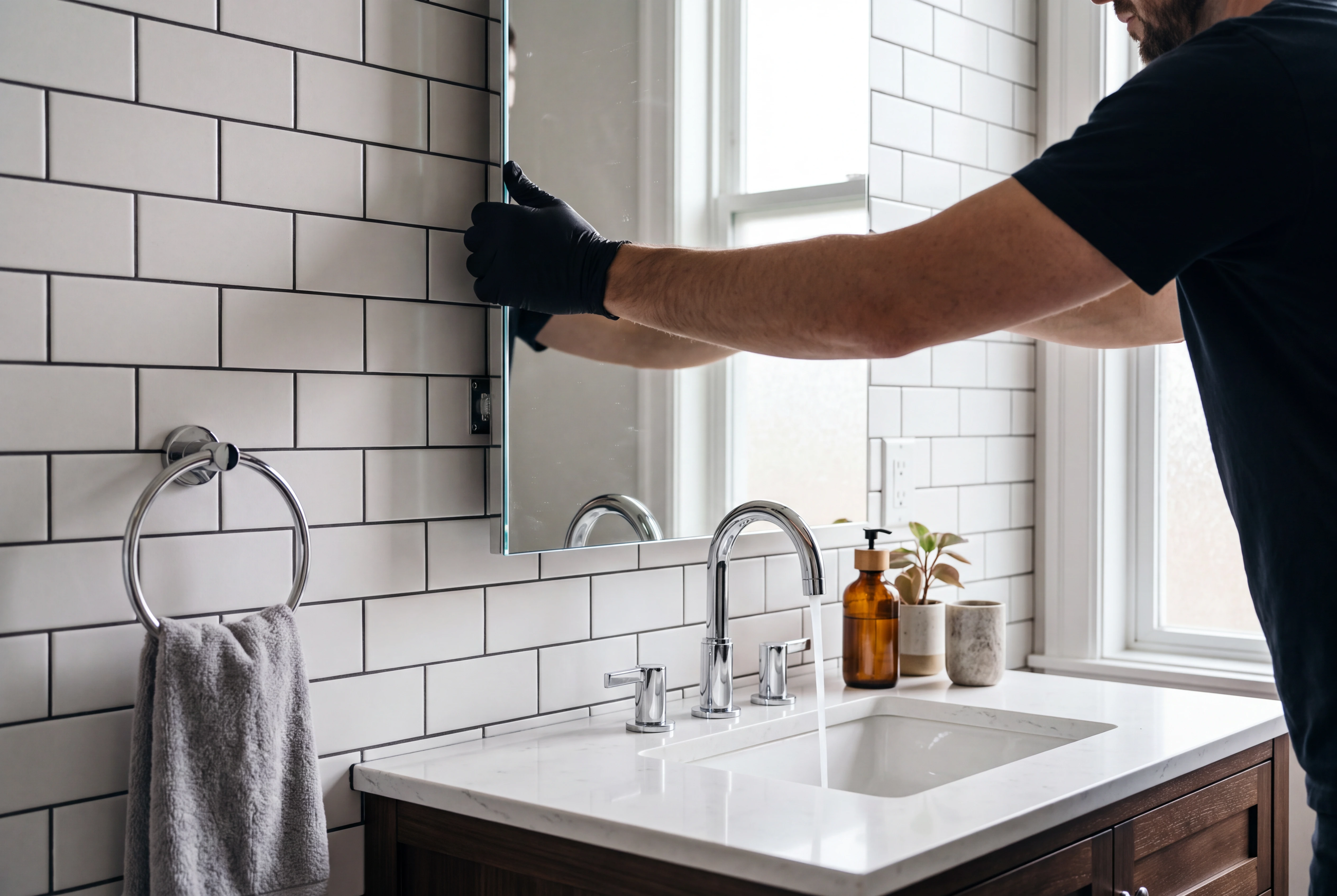 Spiegel op maat wordt geplaatst in een badkamer